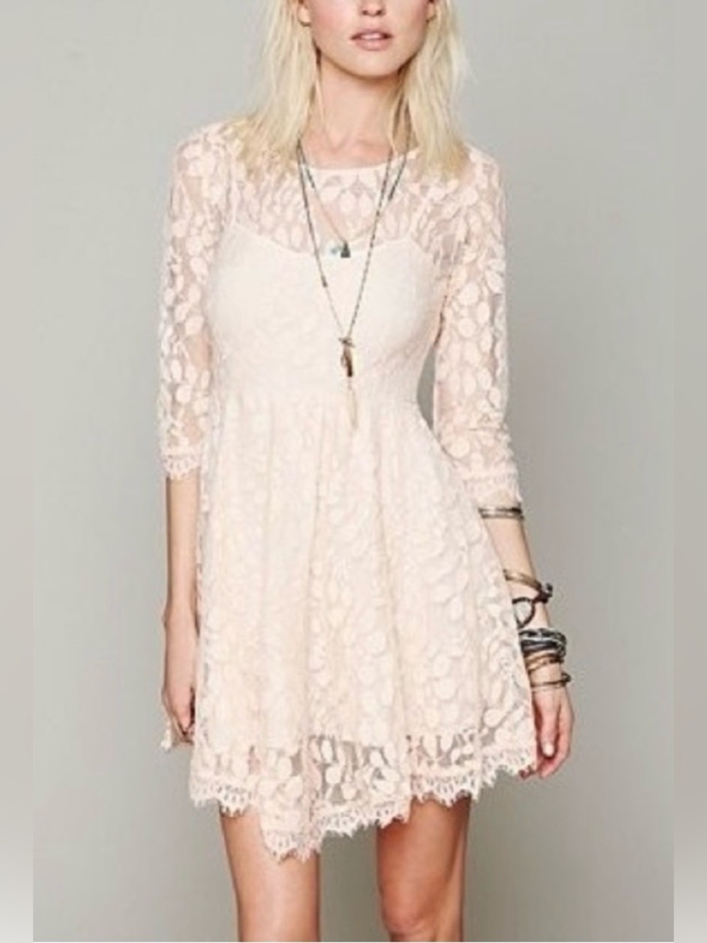 Free People French Courtship Lace Skater Dress 3/4 Sleeve Fit & Flare 8 Lined